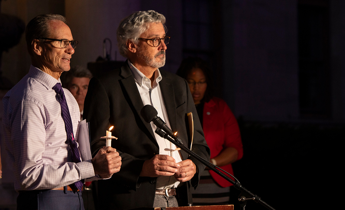 Senators John Kane (left) and Tim Kearney (right) stand side by side as they come together with the community for their annual Overdose Awareness Vigil in Media, PA on August 31.