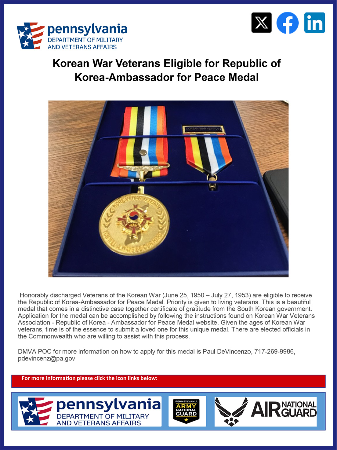 Senator John I. Kane Encourages Korean War Veterans to Apply for the Republic of Korea-Ambassador for Peace Medal